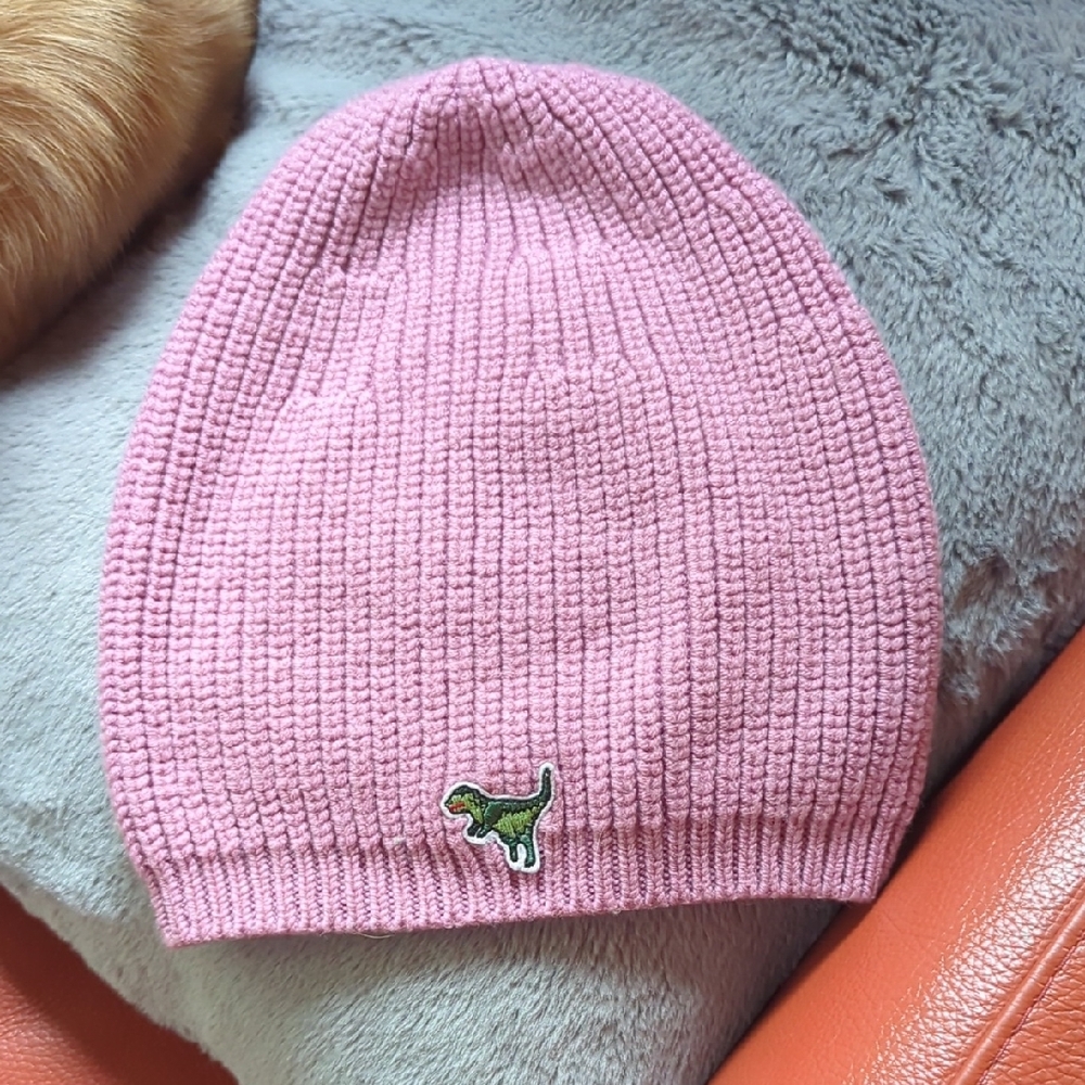 Pink Knitted Womens Beanie with Rexy Dinosaur Patch